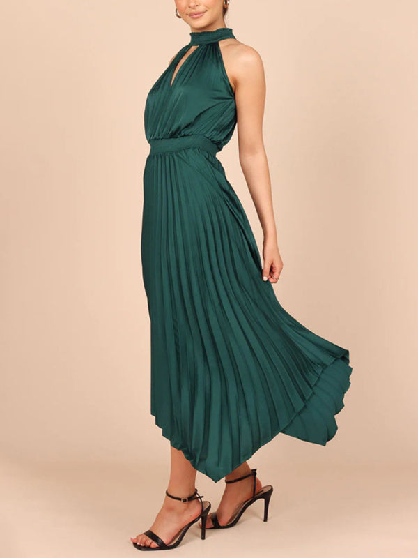 Sleeveless Halterneck V-Neck Irregular Midi Dress – Graceful Solid Fold Detail