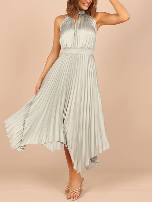 Sleeveless Halterneck V-Neck Irregular Midi Dress – Graceful Solid Fold Detail