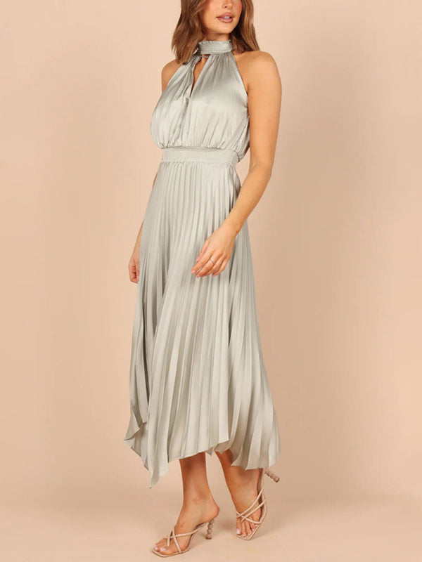Sleeveless Halterneck V-Neck Irregular Midi Dress – Graceful Solid Fold Detail