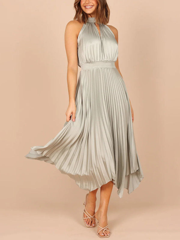 Sleeveless Halterneck V-Neck Irregular Midi Dress – Graceful Solid Fold Detail