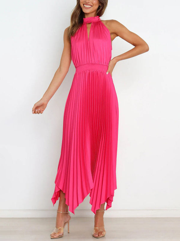 Sleeveless Halterneck V-Neck Irregular Midi Dress – Graceful Solid Fold Detail
