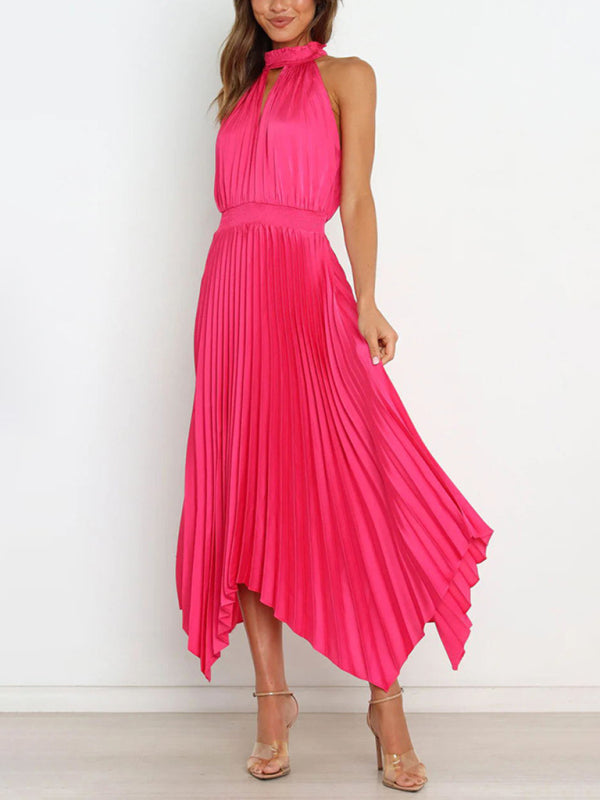 Sleeveless Halterneck V-Neck Irregular Midi Dress – Graceful Solid Fold Detail