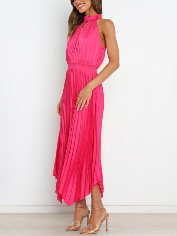 Sleeveless Halterneck V-Neck Irregular Midi Dress – Graceful Solid Fold Detail