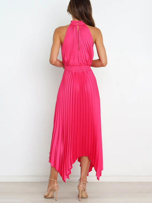 Sleeveless Halterneck V-Neck Irregular Midi Dress – Graceful Solid Fold Detail