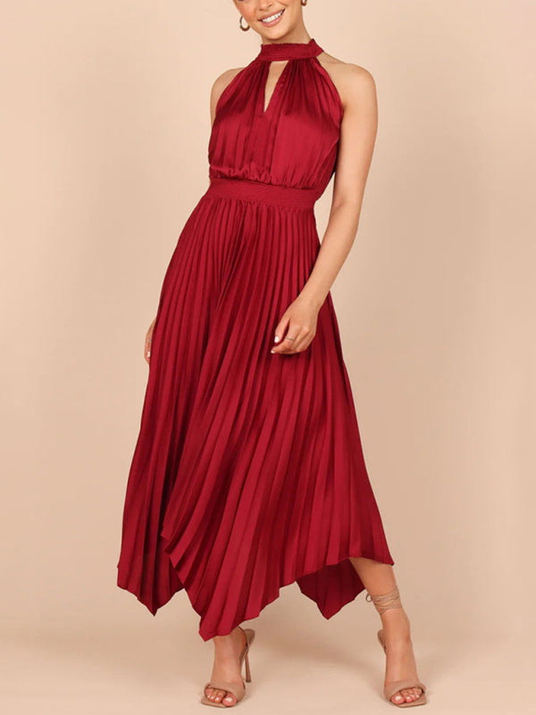 Sleeveless Halterneck V-Neck Irregular Midi Dress – Graceful Solid Fold Detail