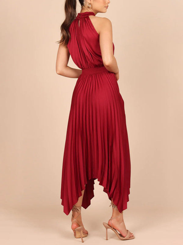 Sleeveless Halterneck V-Neck Irregular Midi Dress – Graceful Solid Fold Detail