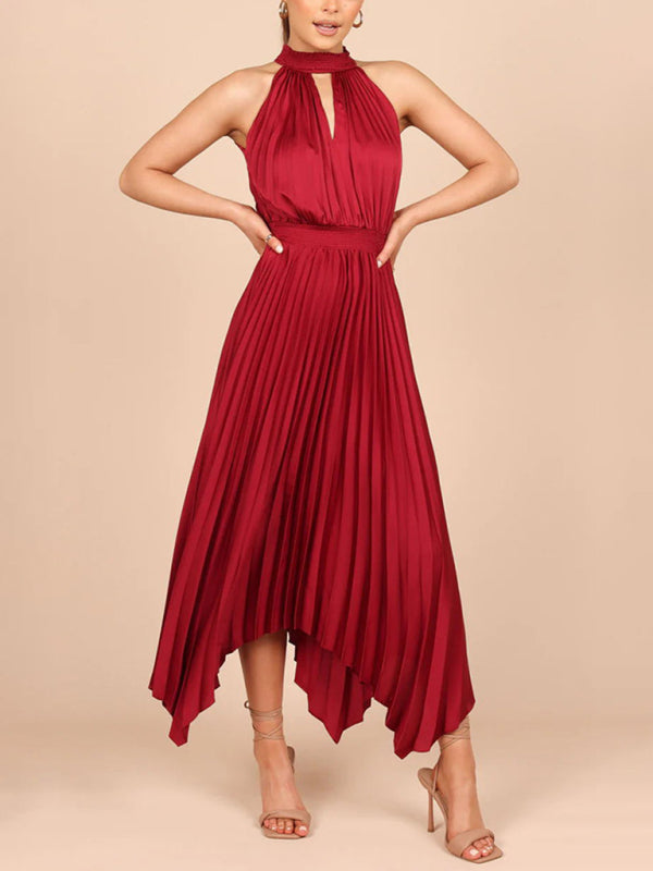 Sleeveless Halterneck V-Neck Irregular Midi Dress – Graceful Solid Fold Detail