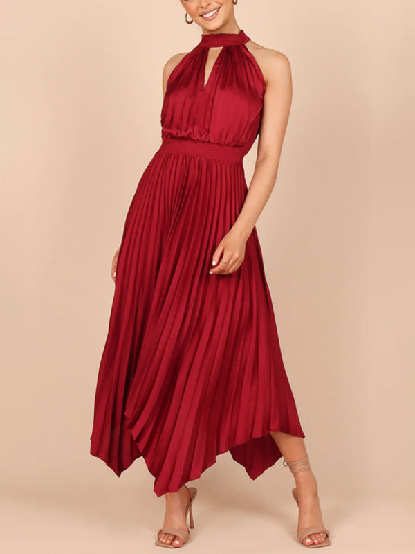 Sleeveless Halterneck V-Neck Irregular Midi Dress – Graceful Solid Fold Detail