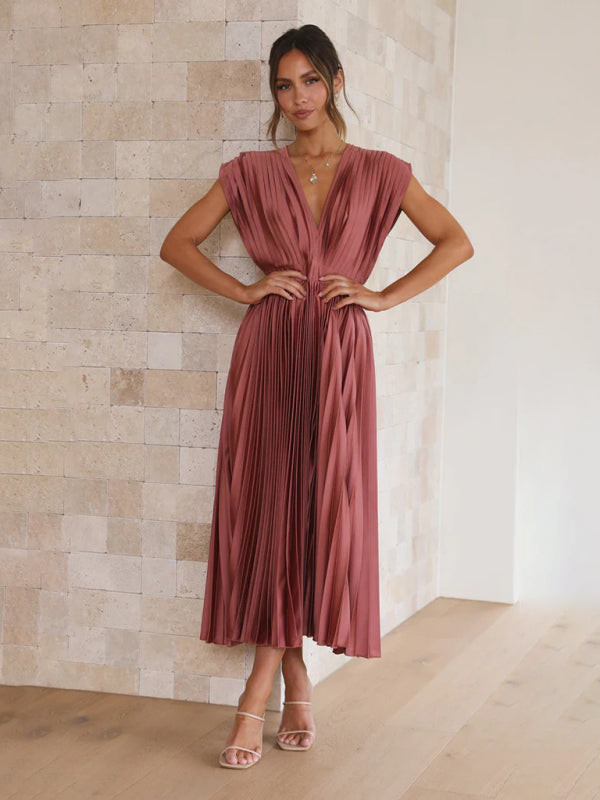 Pleated Sleeveless Midi Dress with Zipper – Casual Loose Fit, Spring-Summer