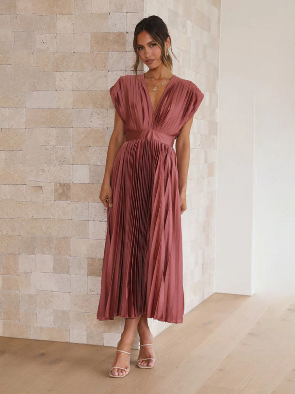 Pleated Sleeveless Midi Dress with Zipper – Casual Loose Fit, Spring-Summer