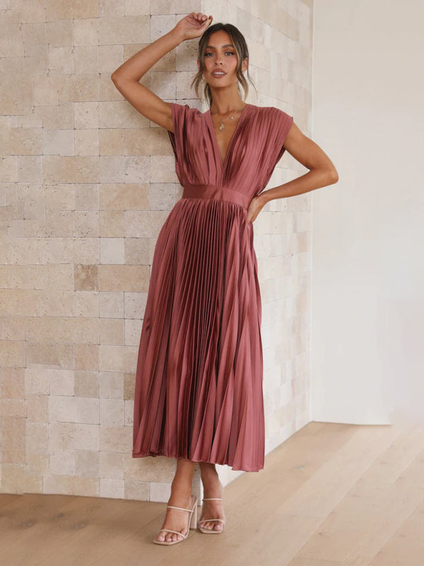 Pleated Sleeveless Midi Dress with Zipper – Casual Loose Fit, Spring-Summer