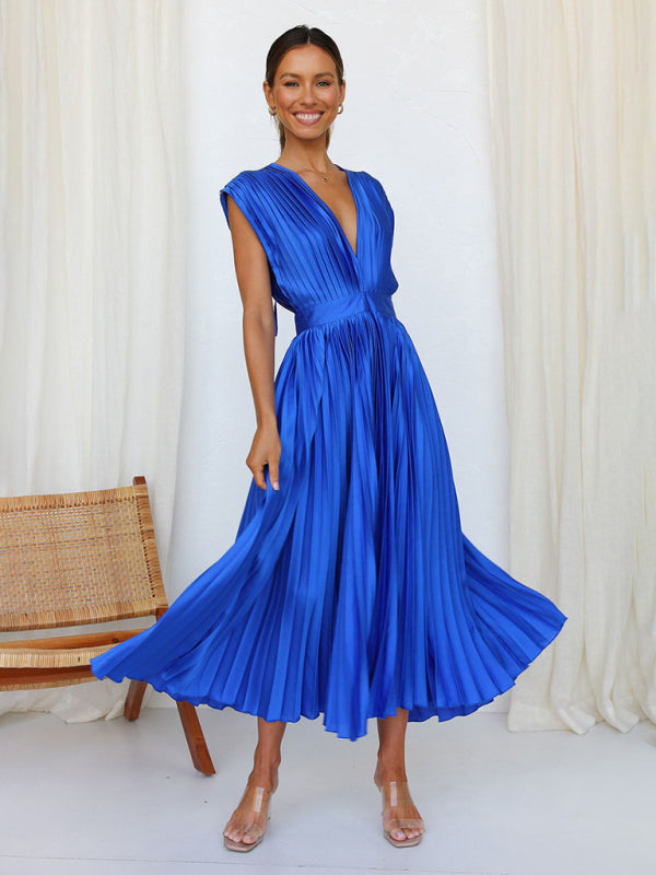 Pleated Sleeveless Midi Dress with Zipper – Casual Loose Fit, Spring-Summer