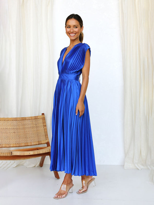 Pleated Sleeveless Midi Dress with Zipper – Casual Loose Fit, Spring-Summer