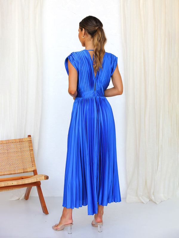 Pleated Sleeveless Midi Dress with Zipper – Casual Loose Fit, Spring-Summer