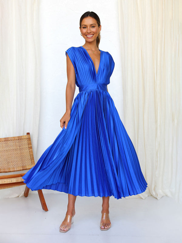 Pleated Sleeveless Midi Dress with Zipper – Casual Loose Fit, Spring-Summer