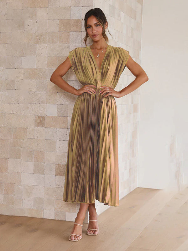 Pleated Sleeveless Midi Dress with Zipper – Casual Loose Fit, Spring-Summer