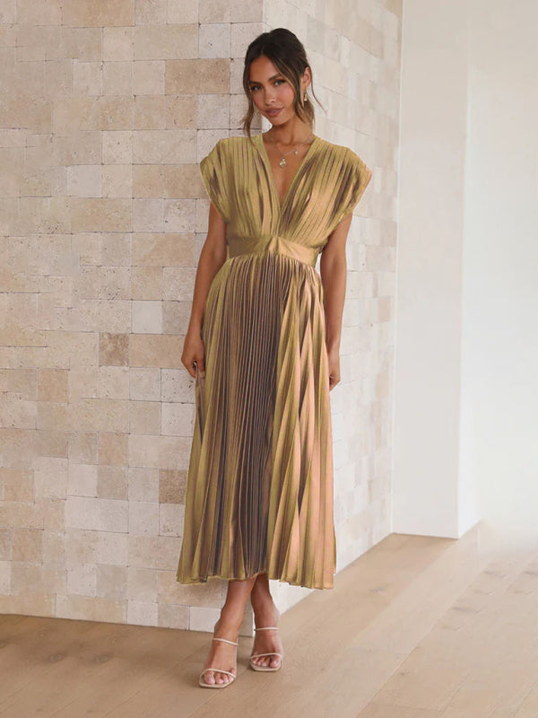 Pleated Sleeveless Midi Dress with Zipper – Casual Loose Fit, Spring-Summer