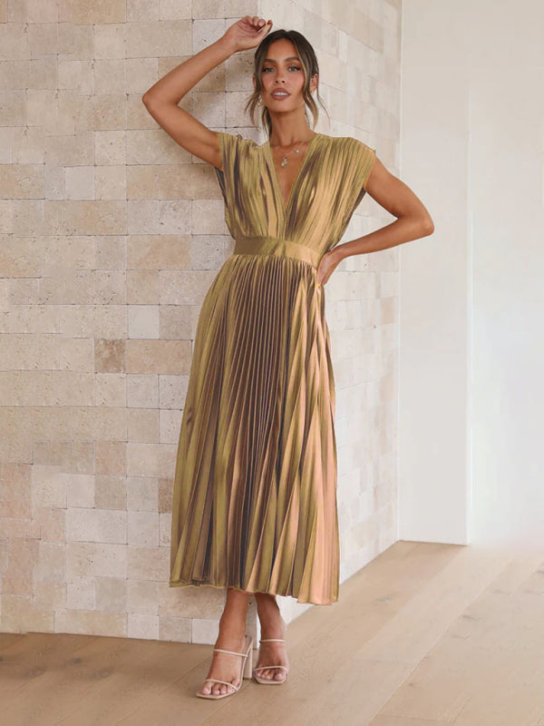 Pleated Sleeveless Midi Dress with Zipper – Casual Loose Fit, Spring-Summer