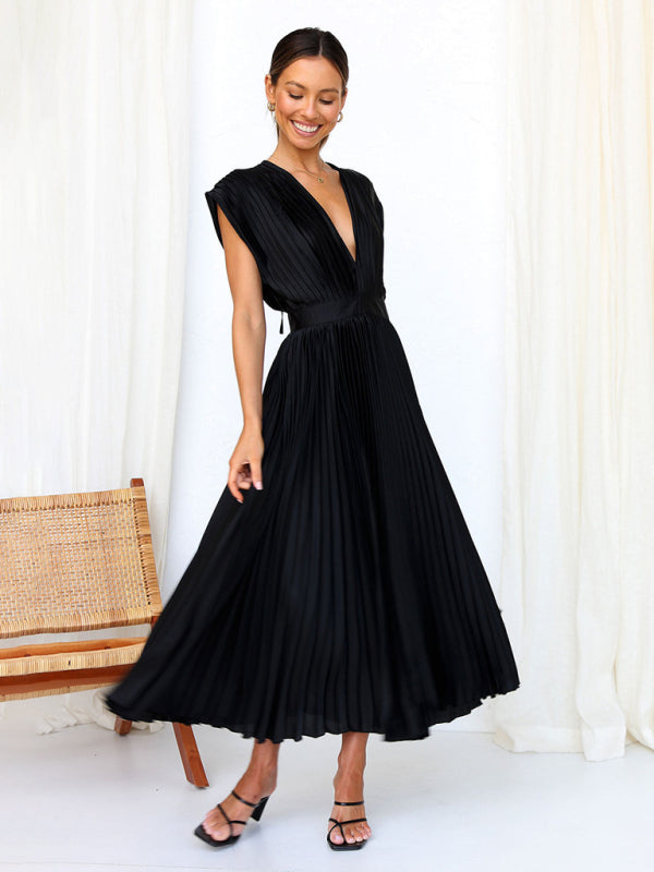 Pleated Sleeveless Midi Dress with Zipper – Casual Loose Fit, Spring-Summer