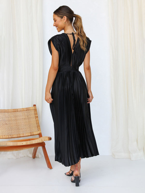 Pleated Sleeveless Midi Dress with Zipper – Casual Loose Fit, Spring-Summer
