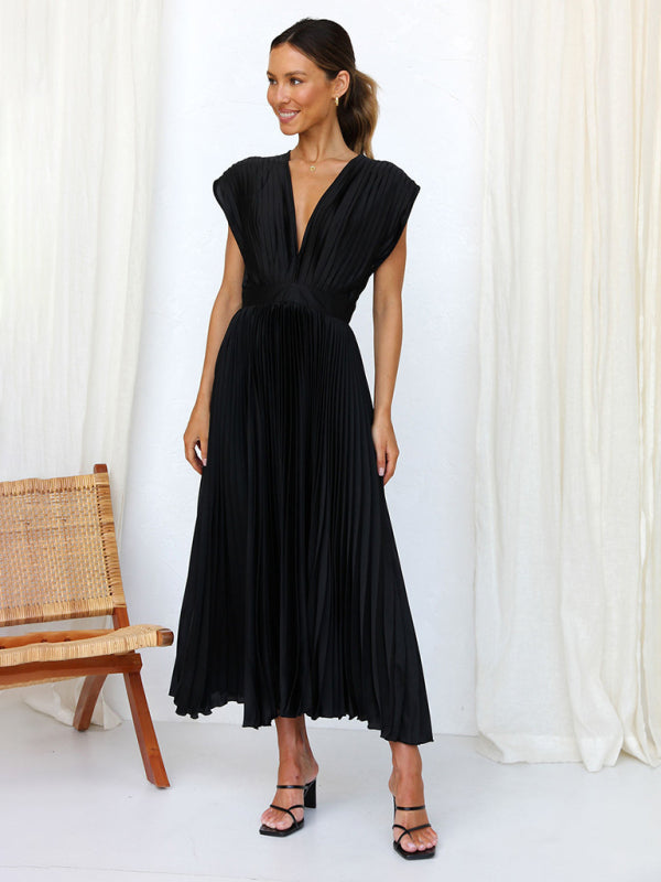 Pleated Sleeveless Midi Dress with Zipper – Casual Loose Fit, Spring-Summer
