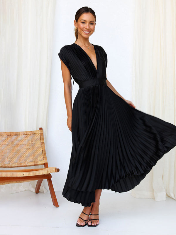 Pleated Sleeveless Midi Dress with Zipper – Casual Loose Fit, Spring-Summer