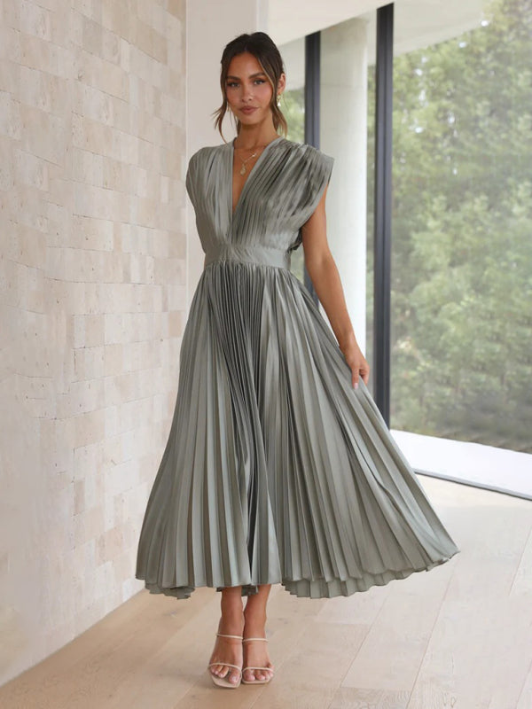 Pleated Sleeveless Midi Dress with Zipper – Casual Loose Fit, Spring-Summer