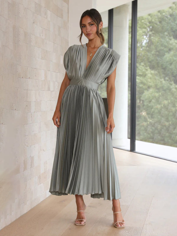 Pleated Sleeveless Midi Dress with Zipper – Casual Loose Fit, Spring-Summer