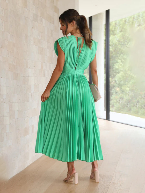 Pleated Sleeveless Midi Dress with Zipper – Casual Loose Fit, Spring-Summer