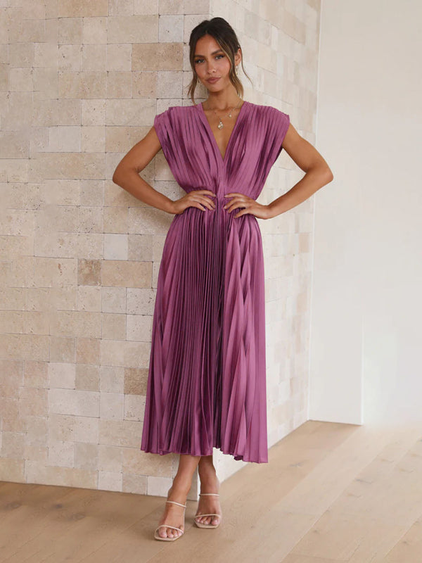 Pleated Sleeveless Midi Dress with Zipper – Casual Loose Fit, Spring-Summer