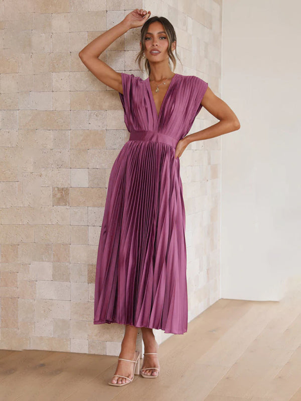 Pleated Sleeveless Midi Dress with Zipper – Casual Loose Fit, Spring-Summer