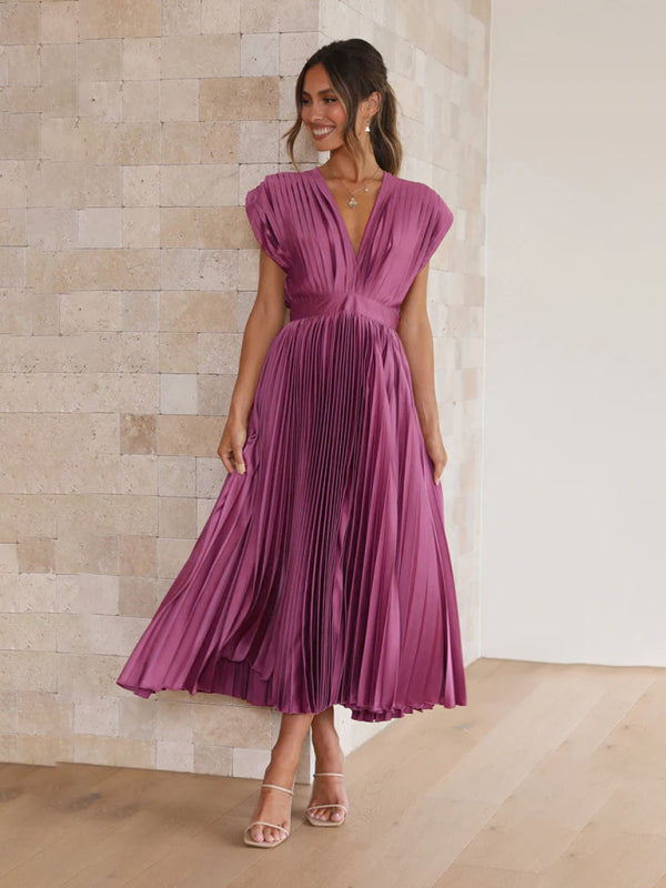 Pleated Sleeveless Midi Dress with Zipper – Casual Loose Fit, Spring-Summer