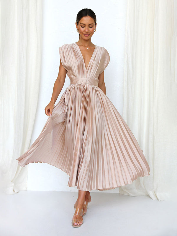 Pleated Sleeveless Midi Dress with Zipper – Casual Loose Fit, Spring-Summer