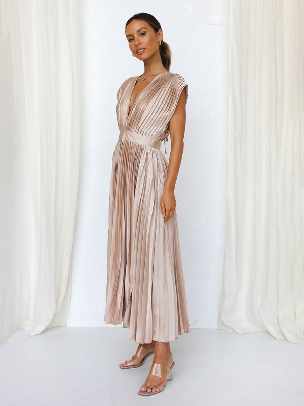 Pleated Sleeveless Midi Dress with Zipper – Casual Loose Fit, Spring-Summer