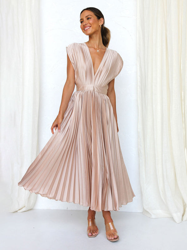 Pleated Sleeveless Midi Dress with Zipper – Casual Loose Fit, Spring-Summer