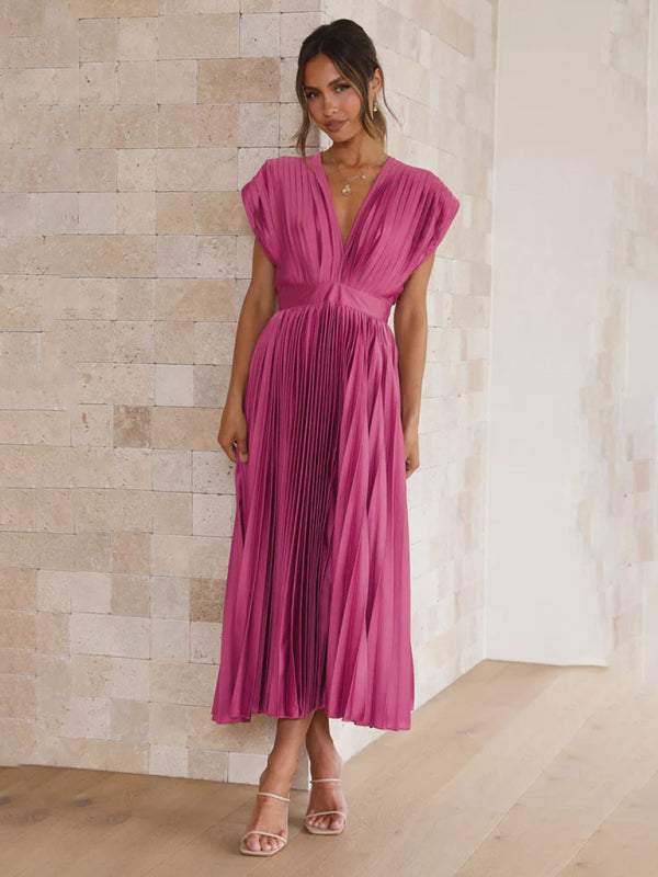 Pleated Sleeveless Midi Dress with Zipper – Casual Loose Fit, Spring-Summer
