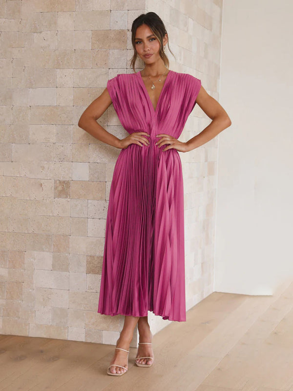 Pleated Sleeveless Midi Dress with Zipper – Casual Loose Fit, Spring-Summer