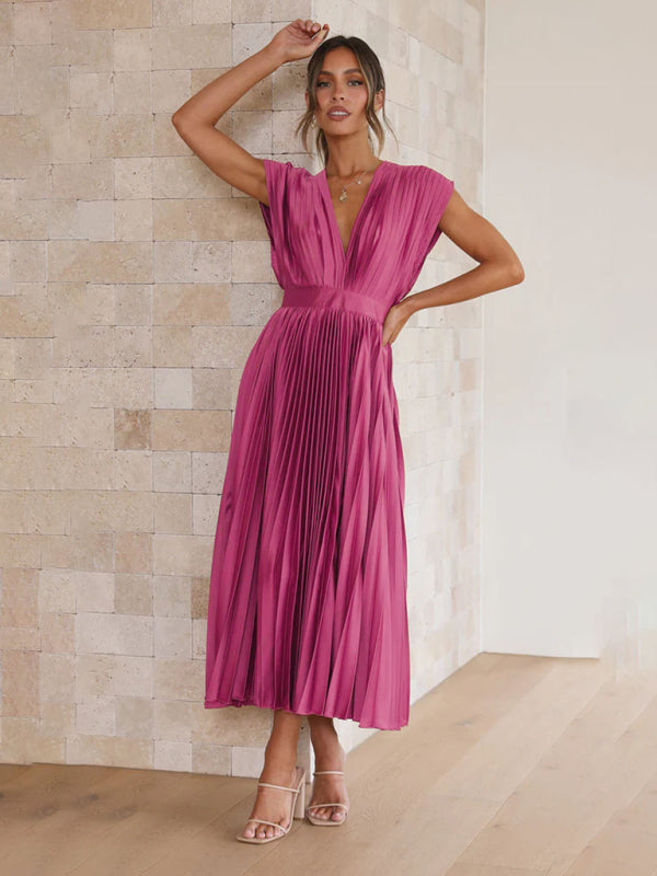 Pleated Sleeveless Midi Dress with Zipper – Casual Loose Fit, Spring-Summer