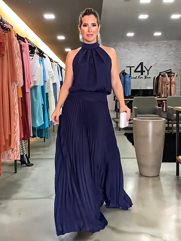 Backless Halterneck Pleated Dress – Sleeveless Strappy Woven Design