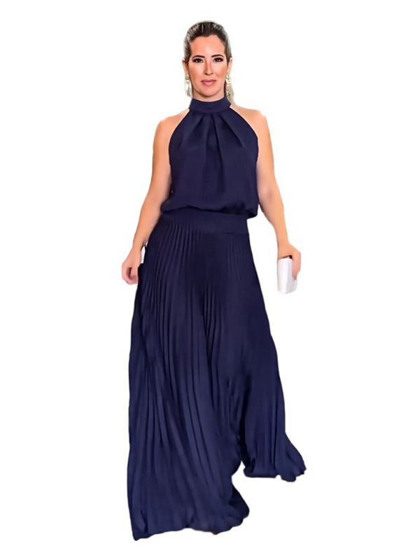 Backless Halterneck Pleated Dress – Sleeveless Strappy Woven Design