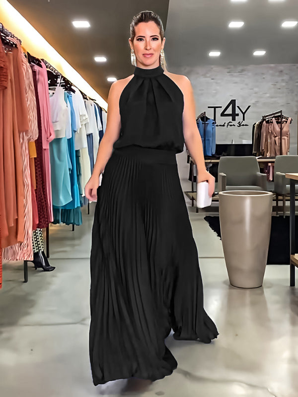 Backless Halterneck Pleated Dress – Sleeveless Strappy Woven Design