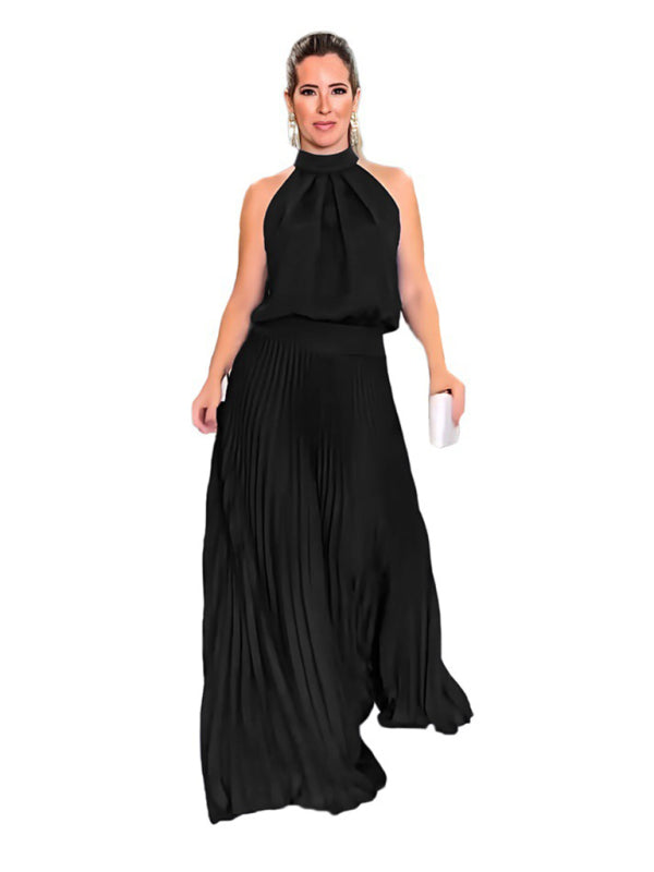 Backless Halterneck Pleated Dress – Sleeveless Strappy Woven Design