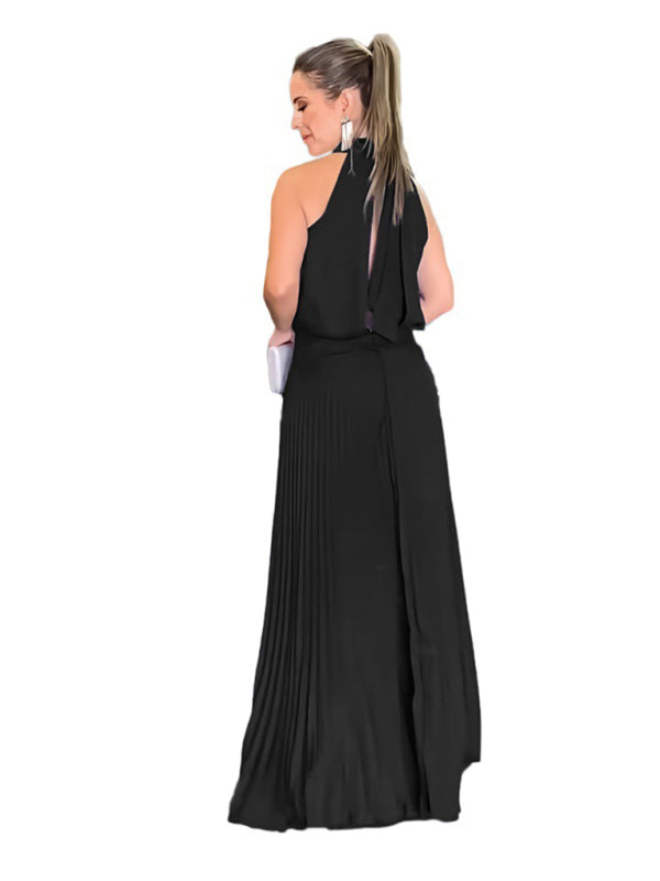 Backless Halterneck Pleated Dress – Sleeveless Strappy Woven Design