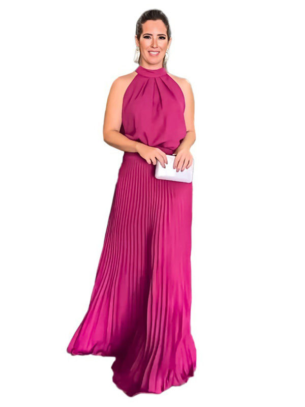 Backless Halterneck Pleated Dress – Sleeveless Strappy Woven Design