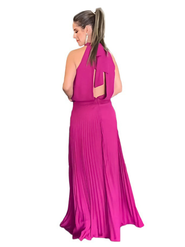 Backless Halterneck Pleated Dress – Sleeveless Strappy Woven Design