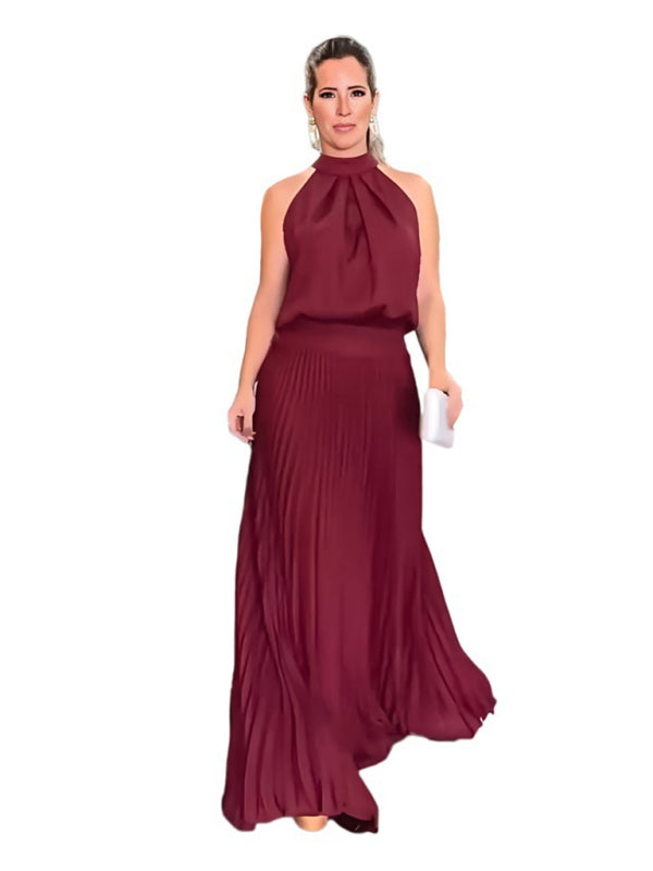 Backless Halterneck Pleated Dress – Sleeveless Strappy Woven Design