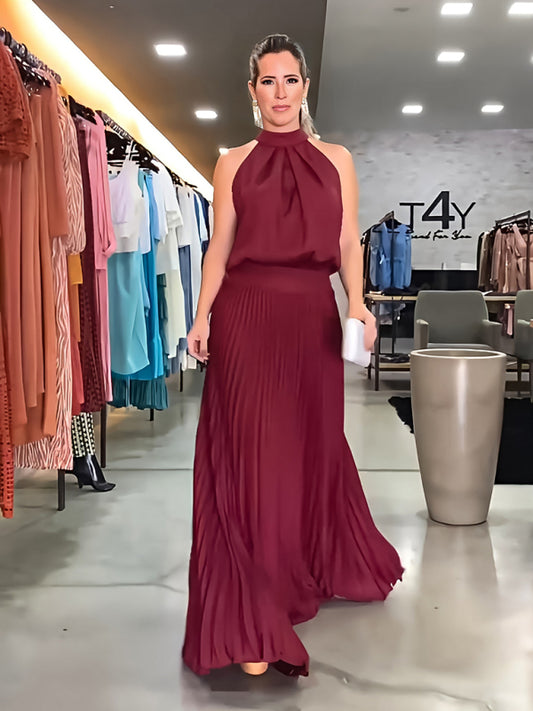 Backless Halterneck Pleated Dress – Sleeveless Strappy Woven Design