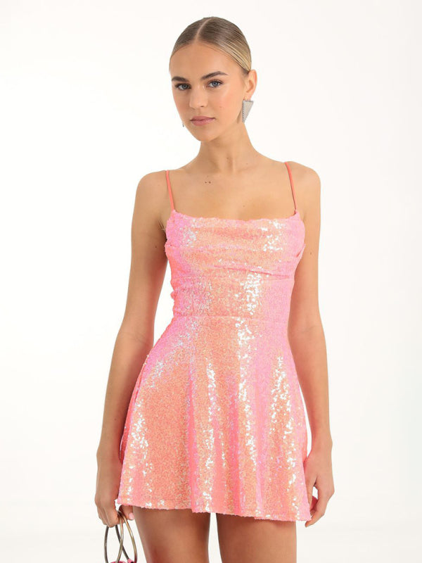 Sequin Bow Contrast Strappy Party Dress