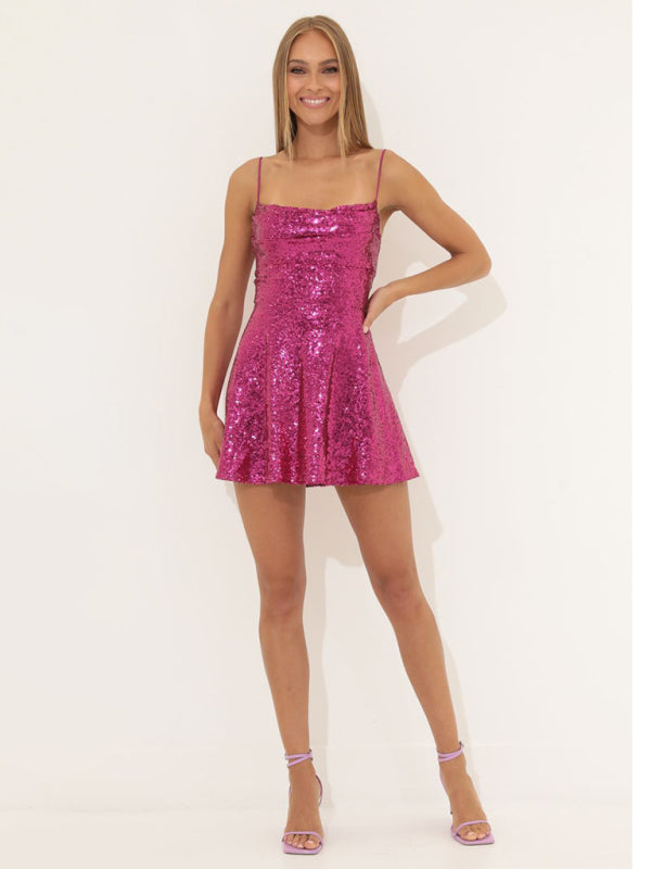 Sequin Bow Contrast Strappy Party Dress