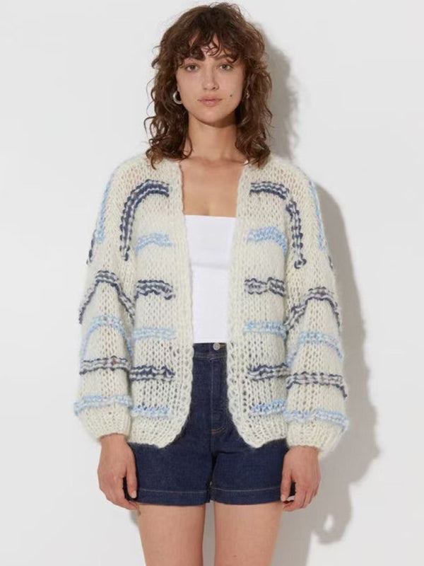 Striped Knit Cardigan – Loose Fit, Cozy Style Blue